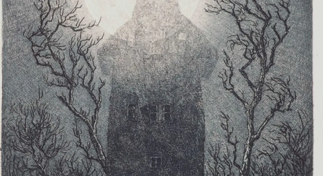 Radierung von Fritz Schwimbeck mit altem Haus im Mondschein.