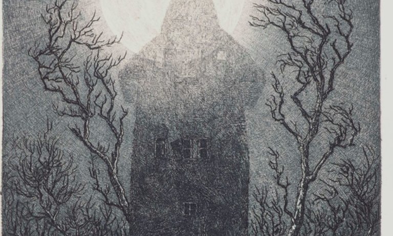 Radierung von Fritz Schwimbeck mit altem Haus im Mondschein.